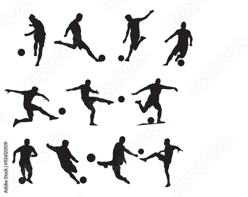 Silhouette Set of Soccer Players Performing Actions with the Ball