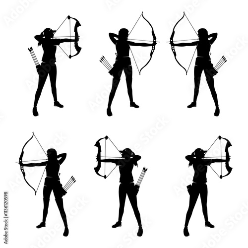 Silhouettes of Archers Posing with Bows and Arrows in Profile View