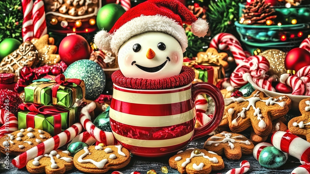 cheerful snowman in a festive mug: a whimsical poster for holiday decor, perfect for adding a touch of joy to your home or sports room with gingerbread cookies and candy canes! cheerful snowman in a festive mug: a whimsical poster for holiday decor, perfect for adding a touch of joy to your home or sports room with gingerbread cookies and candy canes!