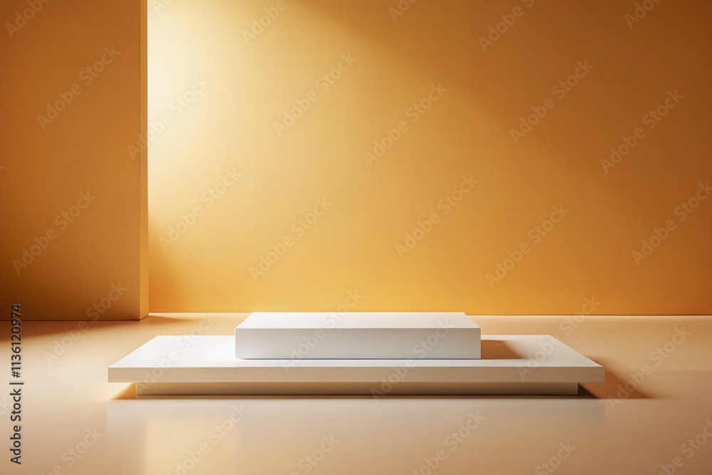 Elegant Minimalist White Platform Against a Warm Abstract Background Showcasing Modern Architectural Design and Simplicity in Space and Form for Contemporary Interiors