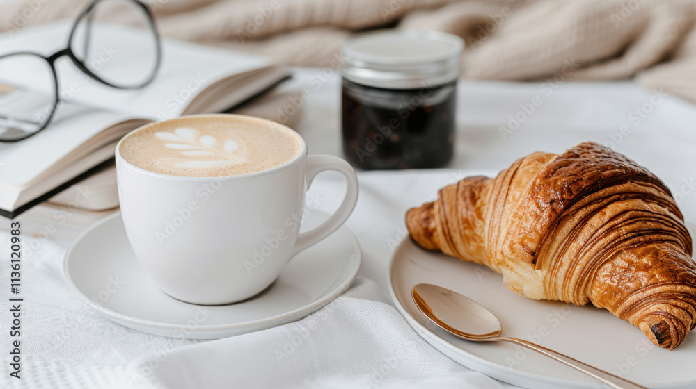 A cozy breakfast setting featuring a cup of latte art, a golden croissant on a plate, and an open book with glasses, creating a warm, minimalist ambiance.
A cozy breakfast setting featuring a cup of latte art, a golden croissant on a plate, and an open book with glasses, creating a warm, minimalist ambiance.