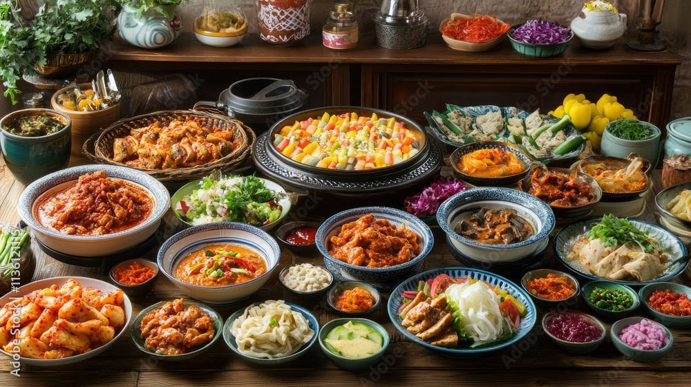 A vibrant Korean buffet spread with soju, various stews, spicy chicken, and colorful side dishes A vibrant Korean buffet spread with soju, various stews, spicy chicken, and colorful side dishes