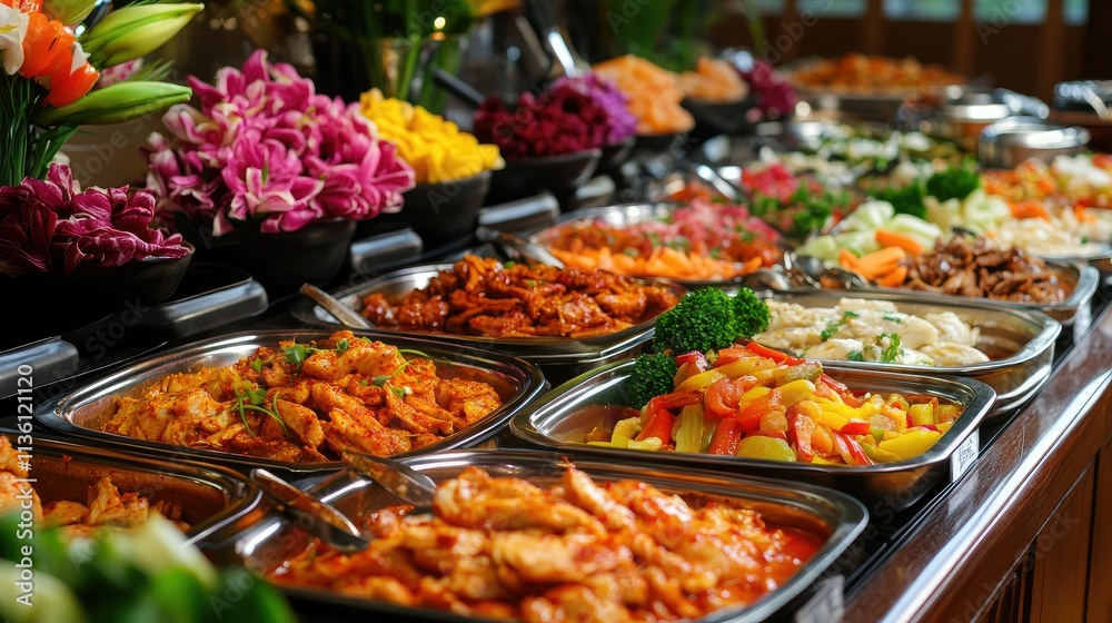 A vibrant Korean buffet spread with soju, various stews, spicy chicken, and colorful side dishes A vibrant Korean buffet spread with soju, various stews, spicy chicken, and colorful side dishes