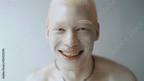 A striking portrait of an albino man with shiny eyes and freckles, smiling warmly against a neutral background, highlighting unique facial features and a cheerful expression.
 photo