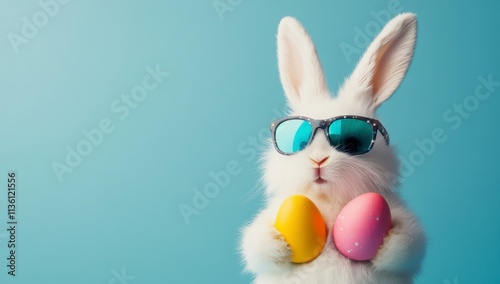Funny white bunny wearing sunglasses holds colorful easter eggs in bright blue background