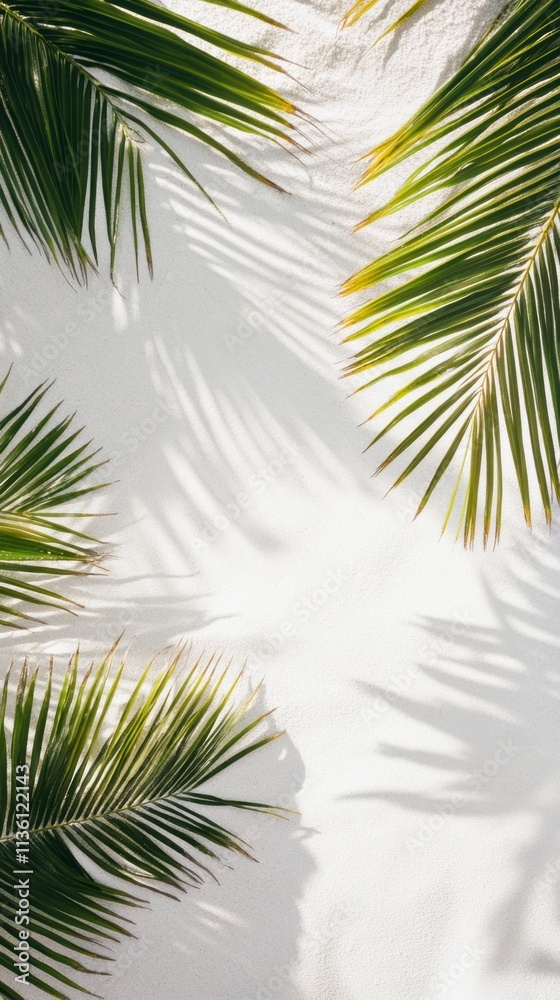 Tropical palm leaves on white beach surface nature scene vibrant environment aesthetic composition for relaxation