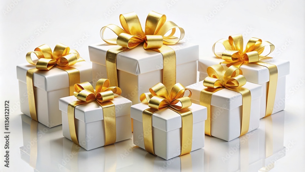 Obraz premium Elegant White Gift Boxes with Golden Bows on a Minimalist White Background, Perfect for Celebrations, Holidays, and Special Occasions, Ideal for Product Photography