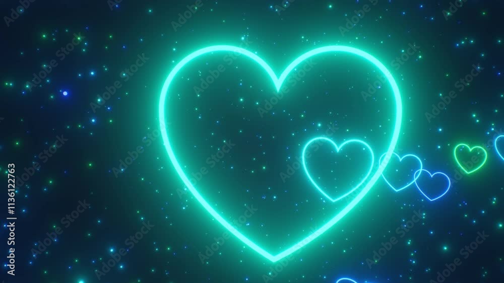 Bright Blue Green Glowing Neon Heart Tunnel Path Floating In Space - 4K Seamless VJ Loop Motion Background Animation