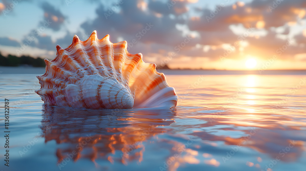A delicate conch shell floating on calm water, bathed in soft natural light, capturing the serene beauty and peaceful atmosphere of the sea, with the gentle reflections enhancing its intricate details A delicate conch shell floating on calm water, bathed in soft natural light, capturing the serene beauty and peaceful atmosphere of the sea, with the gentle reflections enhancing its intricate details