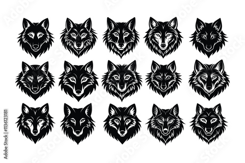 Set of wolf head icon silhouette illustration on white background