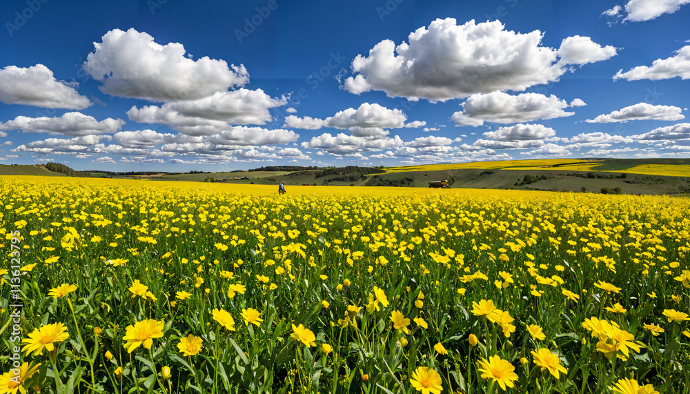 Fototapeta premium Champs de fleurs jaunes sous un ciel nuageux