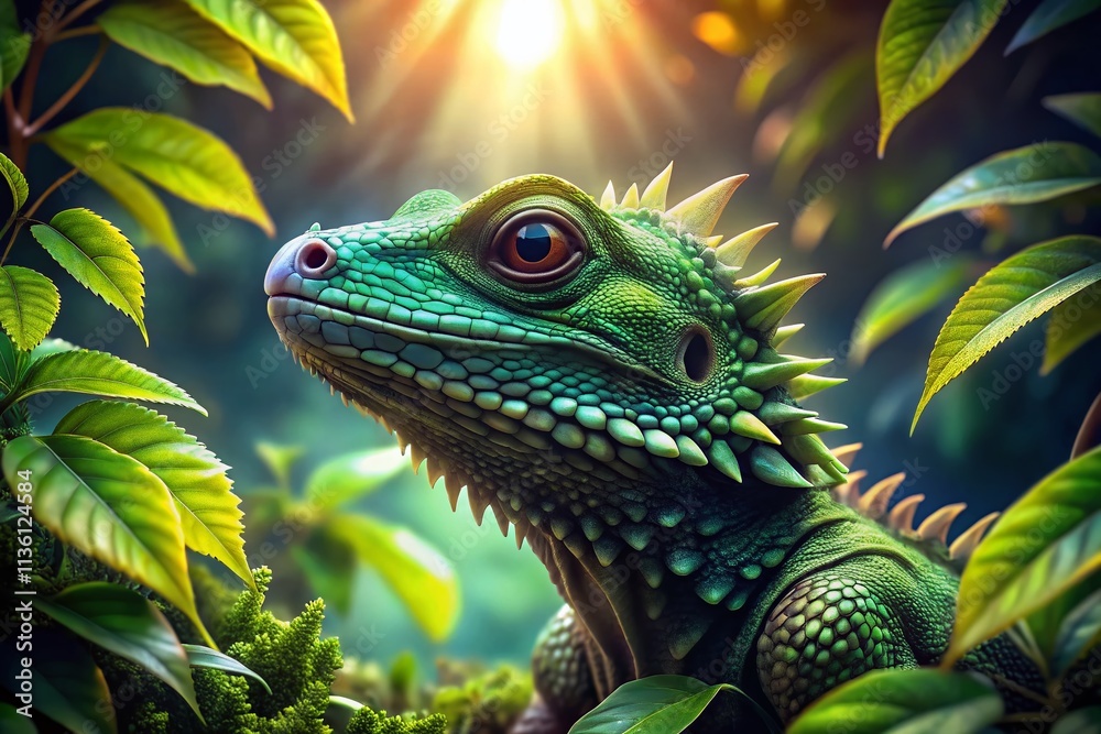 Obraz premium Enchanting Macro Photography of a Green Dragon with Intricate Scales, Lush Green Background, and Captivating Details of Nature's Mystique
