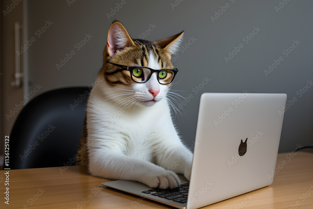 A Serious Cat with Glasses Working on a laptop A Serious Cat with Glasses Working on a laptop
