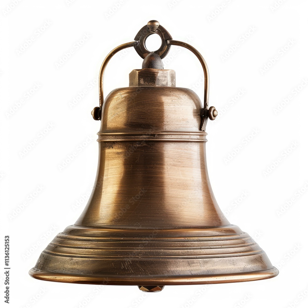 Old brass bell hanging, isolated on a white background, ready to make a ringing sound Old brass bell hanging, isolated on a white background, ready to make a ringing sound