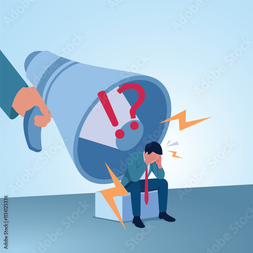 A man sitting holding his head being shouted at by a big megaphone. Illustration for bullying, violence and seniority.