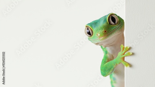 Curious green frog peeking around a wall indoor setting animal photography close-up perspective