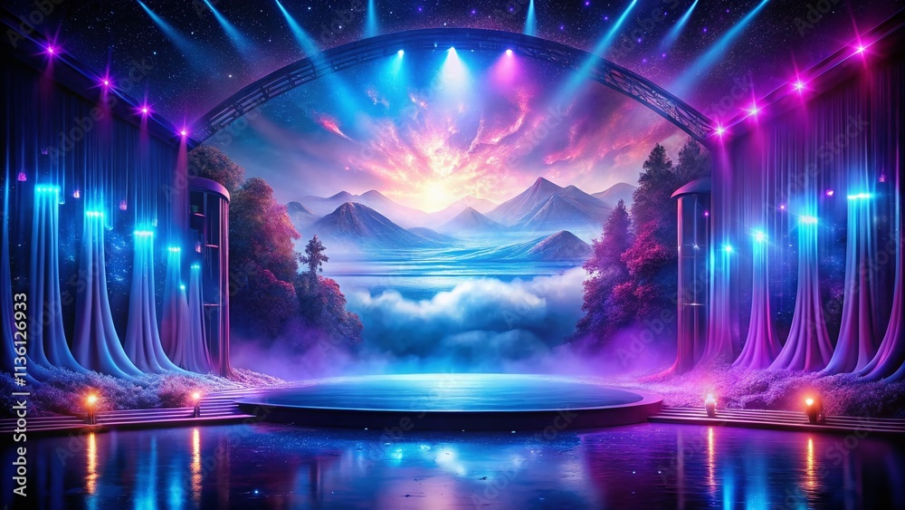 Obraz premium Ethereal Purple Blue Stage Landscape, Glowing Center, Fantasy Scene, Magical Night, Dreamlike Photography