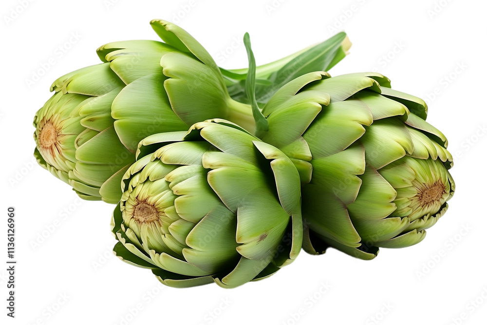 Obraz premium Artichoke with tightly layered leaves, fresh from the garden. isolated on white background or png background or transparent background.