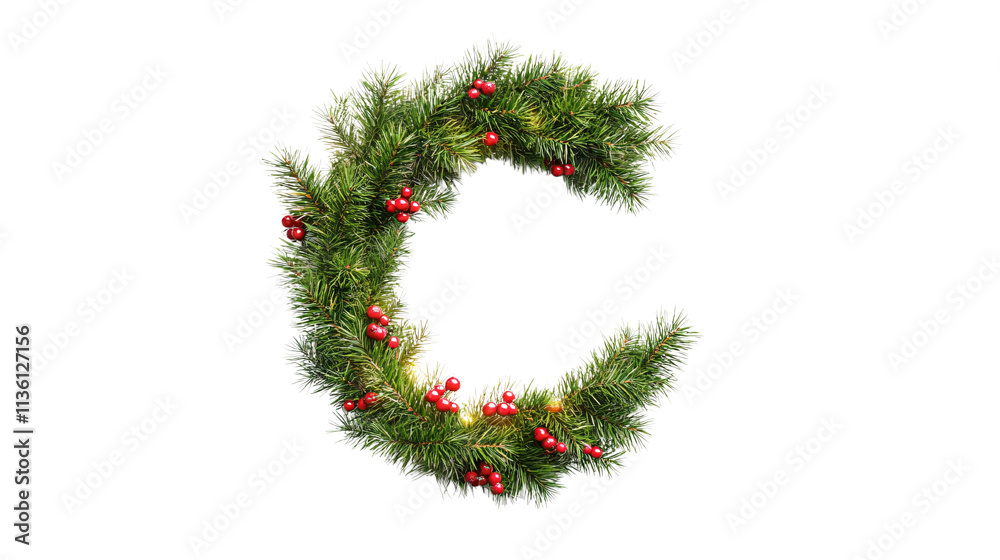 Decorated Christmas Garland Letter C Font Decorated with Red Berries and Fairy Lights with Isolated Background Decorated Christmas Garland Letter C Font Decorated with Red Berries and Fairy Lights with Isolated Background