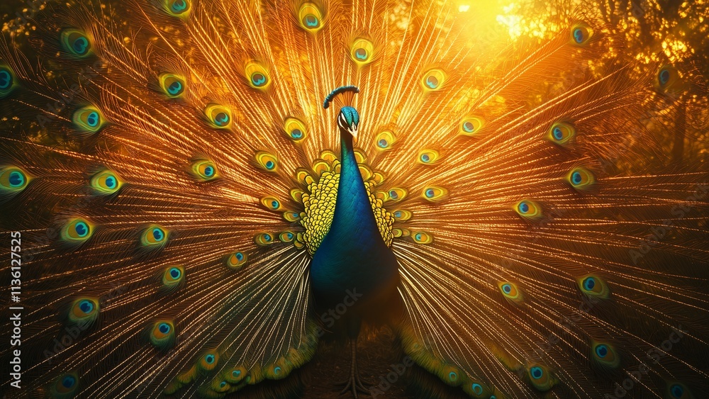 Obraz premium A majestic peacock spreading its iridescent feathers against a glowing sunrise, showcasing the beauty of nature’s vibrant palette, ultra-realistic and highly detailed