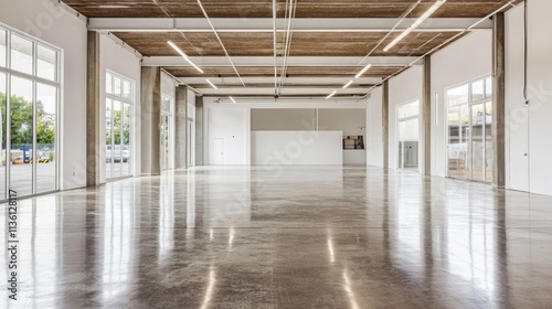 Empty warehouse with polished concrete floors offering space for design elements