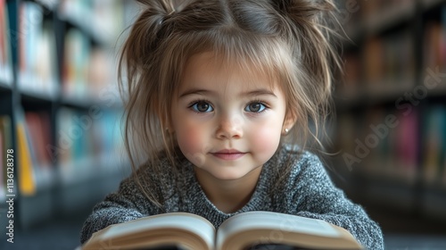 Curious child reading in cozy library environment