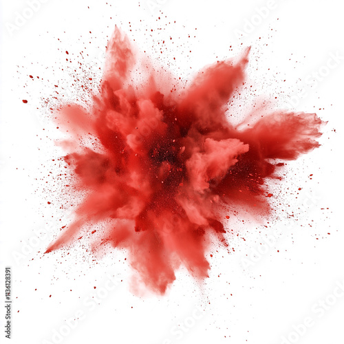 vibrant red dust powder explosion isolated on white background photo