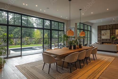 Photographie intérieure d'une salle à manger élégante et spacieuse avec une grande table en bois pour les repas en famille photo