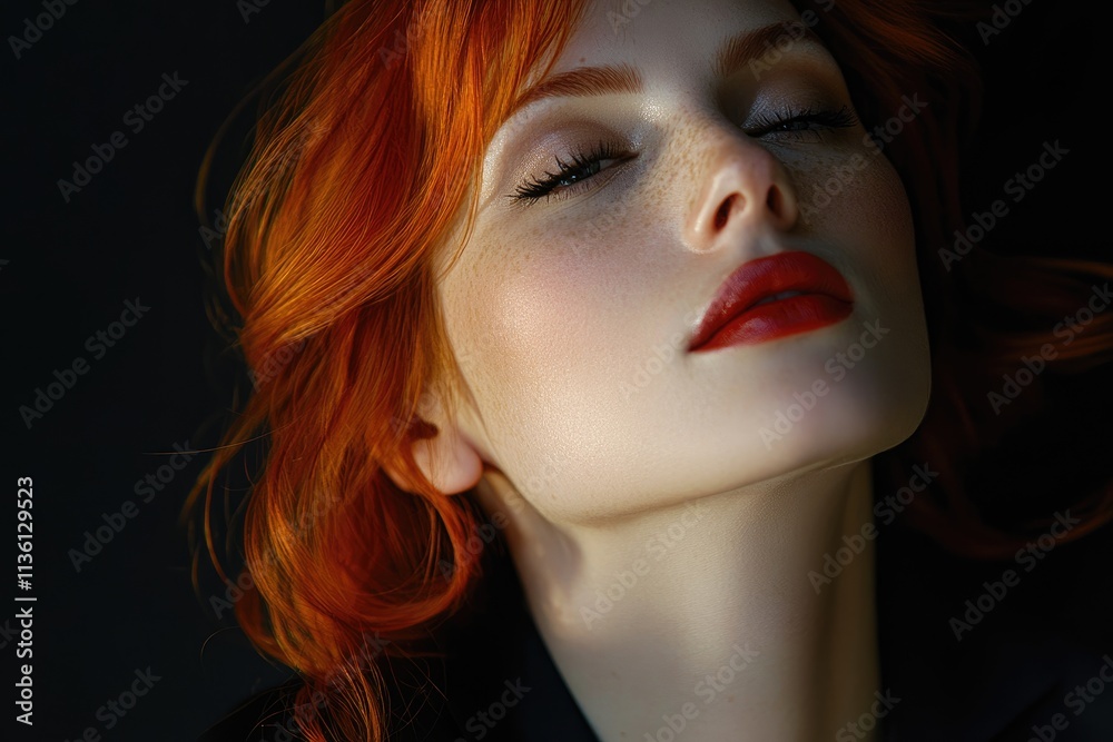 Fototapeta premium Redhead woman with freckles and red lipstick poses elegantly
