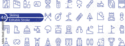 Set of outline icons related to skiing. Linear icon collection. Editable stroke.