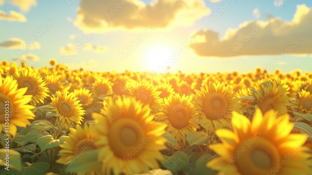 Fototapeta premium A vibrant field of sunflowers basking in the warm sunlight at sunset.