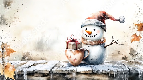 charming snowman with gift box in heart-shaped mug: perfect winter decor for a cozy home or a whimsical sports interior poster!