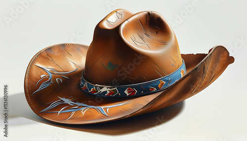 weathered cowboy hat with intricate designs and colorful band, showcasing rustic charm and character. Perfect for western themes and outdoor adventures photo