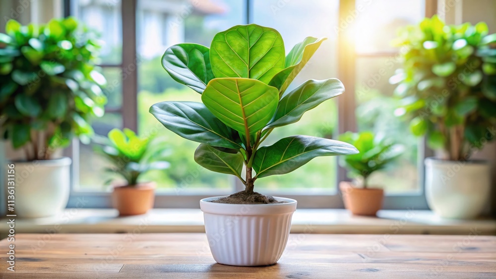 Fiddle Leaf Fig in a White Pot Surrounded by Lush Greenery, Showcasing Tilt-Shift Photography Technique for a Charming Indoor Plant Aesthetic Fiddle Leaf Fig in a White Pot Surrounded by Lush Greenery, Showcasing Tilt-Shift Photography Technique for a Charming Indoor Plant Aesthetic