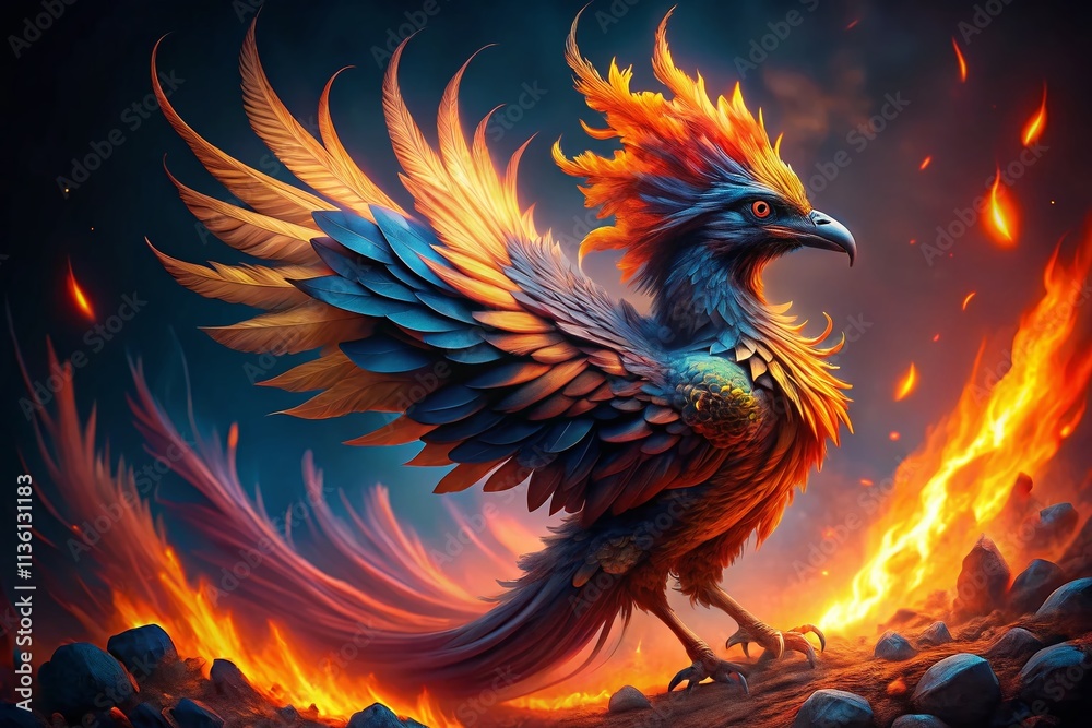 Fototapeta premium Fiery Avian: Phoenix Bird, Fire Wings, Burning Feathers, Mythical Creature, Flame Bird, Inferno Bird, Fantasy Bird Art, Surreal Fire Bird Photography