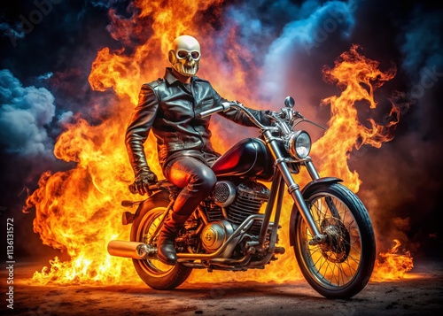 Fiery Skull Rider: Motorcycle Skeleton Fashion Photography