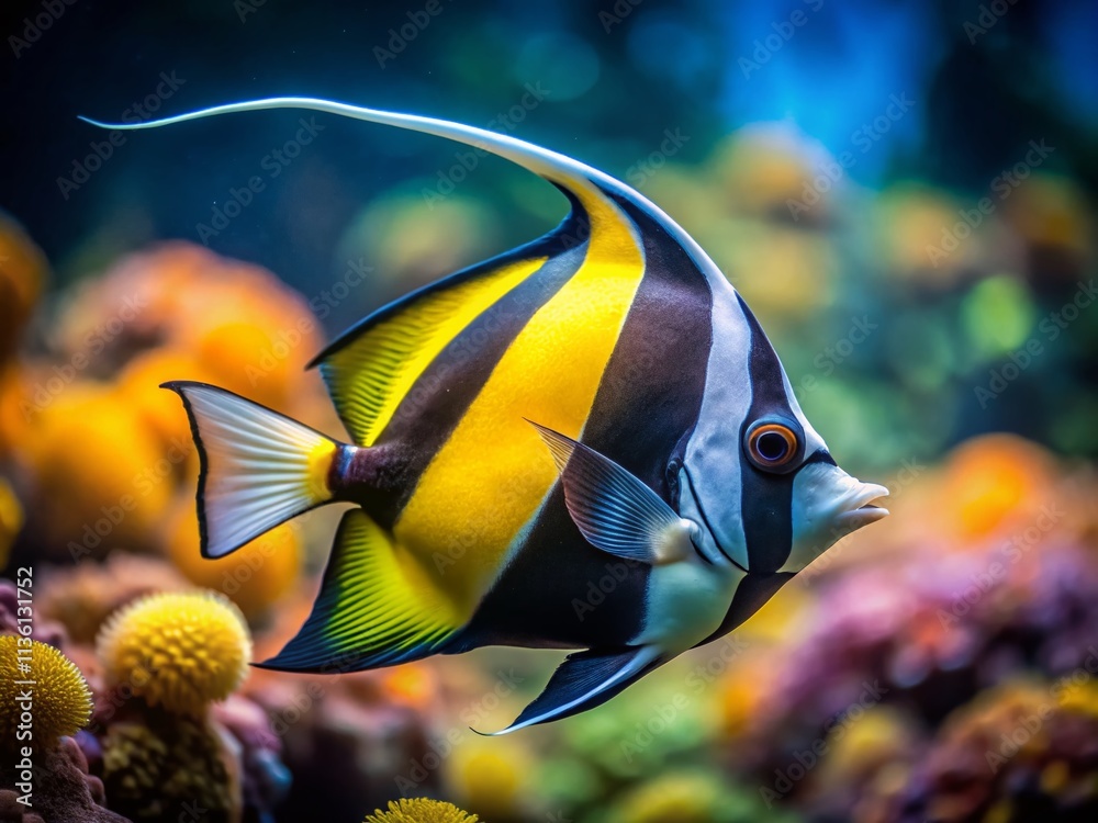 Naklejka premium Finding Nemo Gill Fish Portrait, Ocean Fish Portrait Photography, Clownfish Friend, Animated Movie Fish, Gill the Moorish Idol, Underwater Portrait