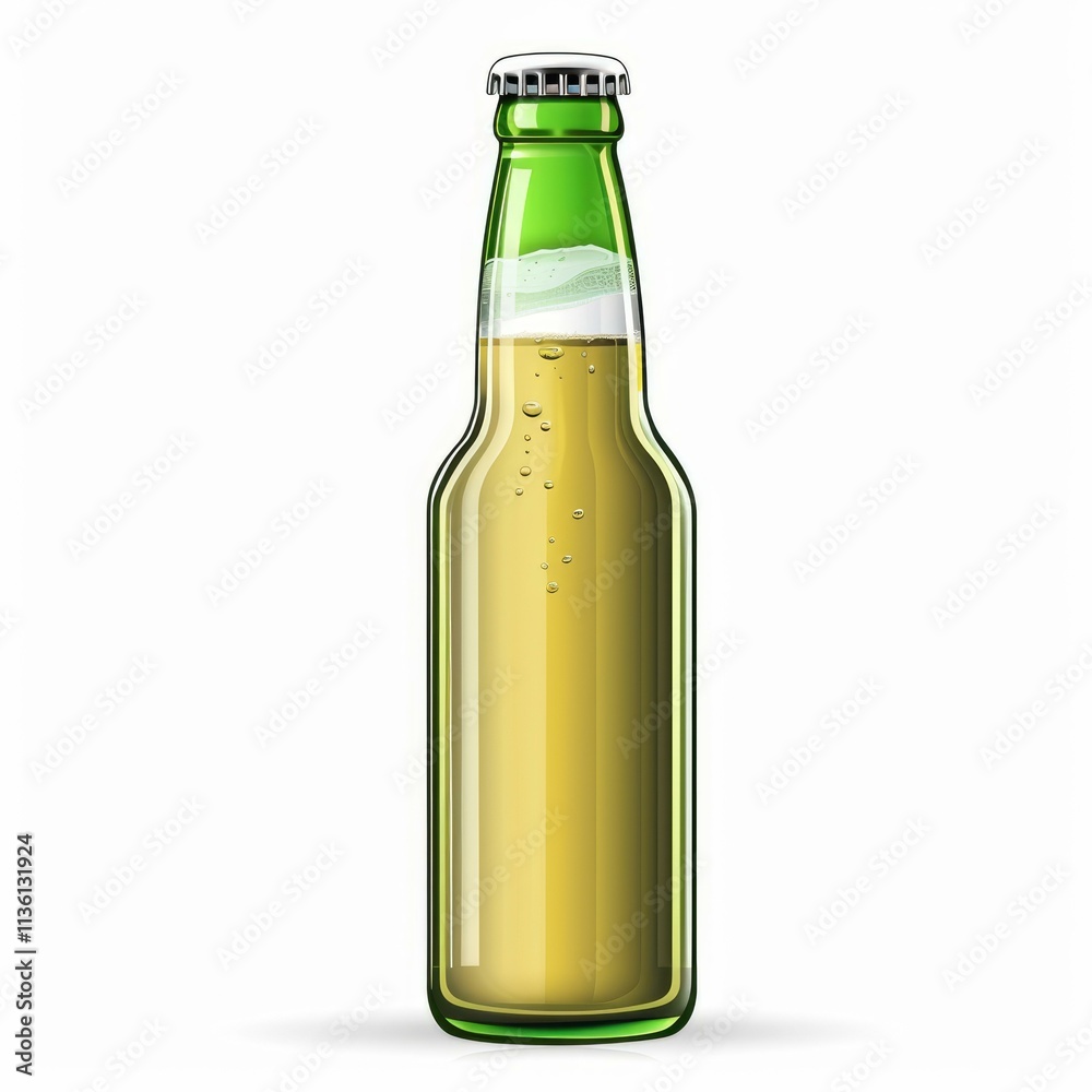 Green beer bottle with bubbles and foam over white background Green beer bottle with bubbles and foam over white background