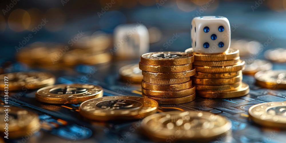 Casino success captured with gold coins and dice as a couple celebrates their winnings. Header banner mockup with copy space. Casino success captured with gold coins and dice as a couple celebrates their winnings. Header banner mockup with copy space.