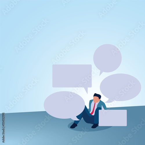 A man sits surrounded by chat bubbles. Illustration for bullying, violence and seniority.