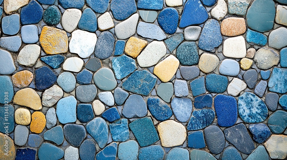 A colorful mosaic of stones in shades of blue and white forms a lovely pattern. A colorful mosaic of stones in shades of blue and white forms a lovely pattern.