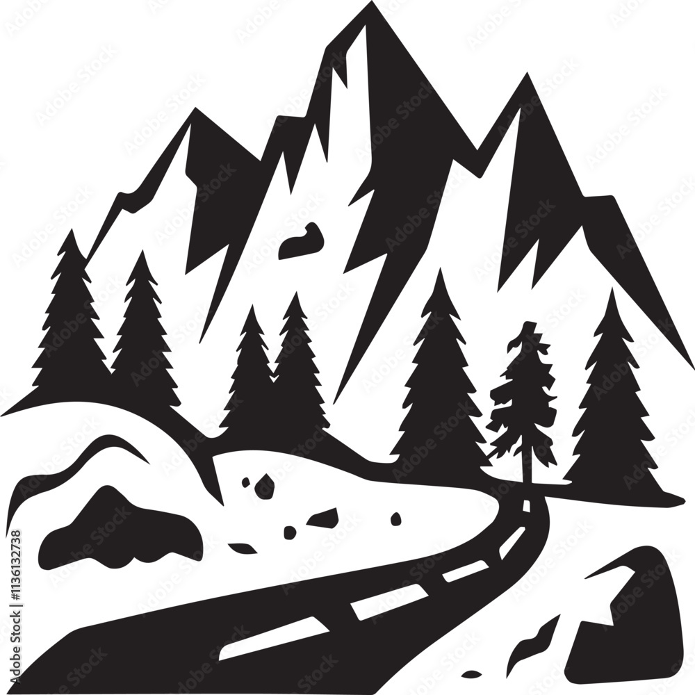 Obraz premium Winter mountains snowy landscape with pines forest and hills on background