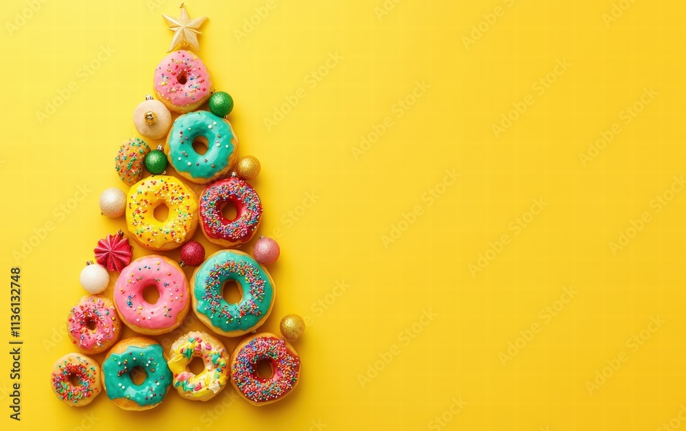A colorful christmas tree built from doughnuts with vibrant frosting and sprinkles on a sunny yellow background A colorful christmas tree built from doughnuts with vibrant frosting and sprinkles on a sunny yellow background