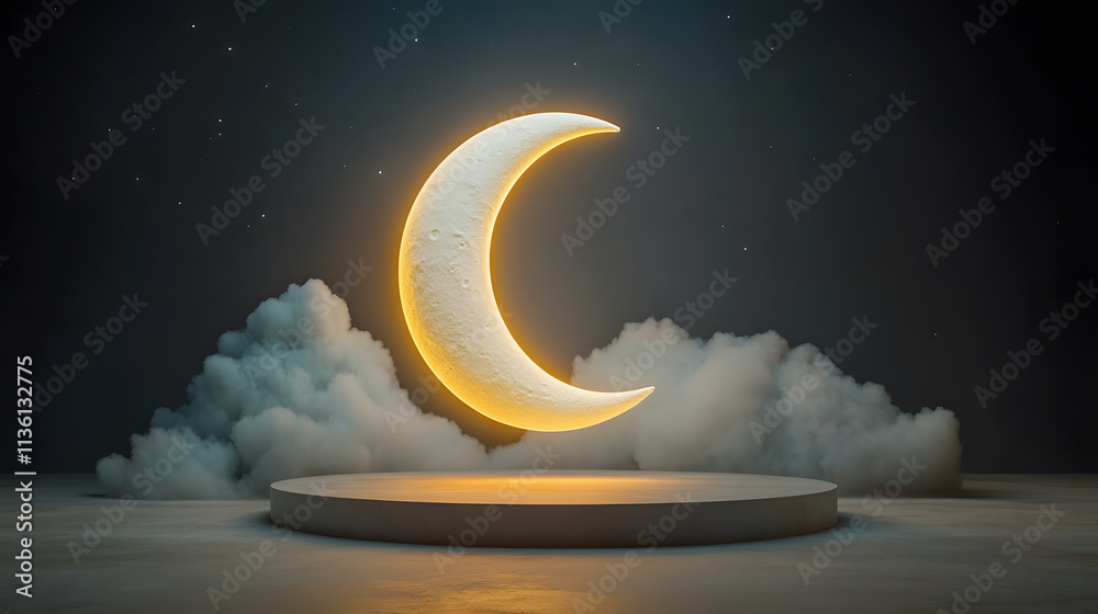 Obraz premium Ethereal crescent moon podium dreamlike setting artistic display mystical environment nighttime viewpoint