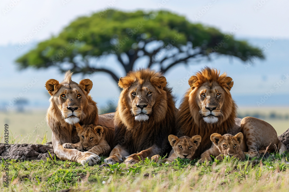 lion with lioness, cubs lie near tree in African savannah, family of carnivorous predators. lion with lioness, cubs lie near tree in African savannah, family of carnivorous predators.