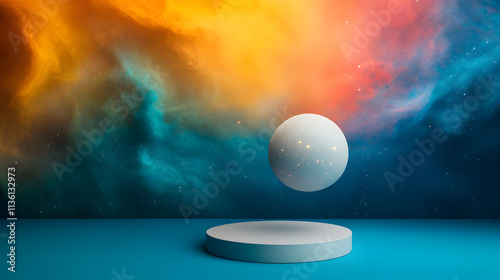 Floating podium and celestial sphere abstract universe digital art cosmic environment surreal viewpoint imagination photo