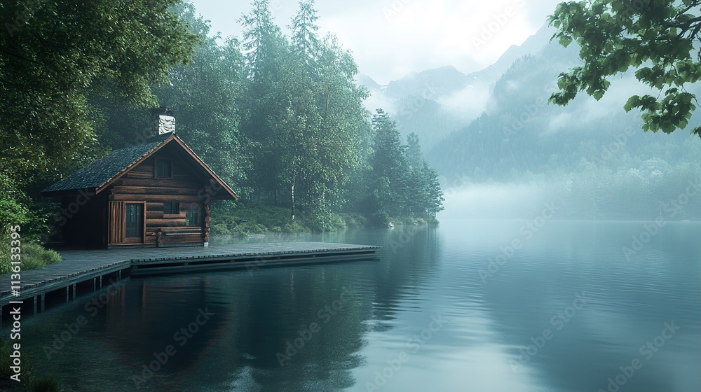 Fototapeta premium Secluded Lake Cabin: A Serene Escape in the Misty Mountains