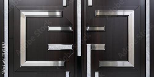 Modern Dark Wood Doors with Metal Accents and Marble Inlay photo