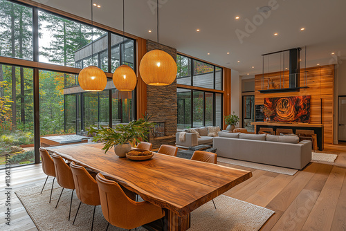 Photographie intérieure d'une salle à manger élégante et spacieuse avec une grande table en bois pour les repas en famille photo