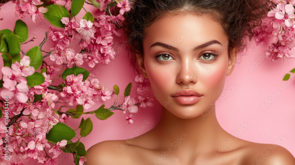 A young woman with natural makeup poses serenely against a backdrop of pink flowers. Her glowing skin and relaxed expression highlight the springtime atmosphere and fresh aesthetic. A young woman with natural makeup poses serenely against a backdrop of pink flowers. Her glowing skin and relaxed expression highlight the springtime atmosphere and fresh aesthetic.